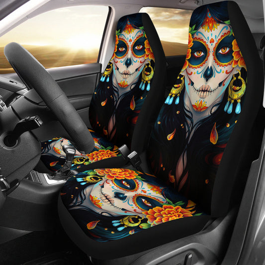 Set of 2 sugar skull car seat covers