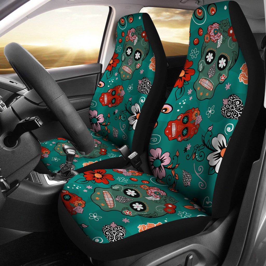 Set of 2 pcs sugar skull car seat covers