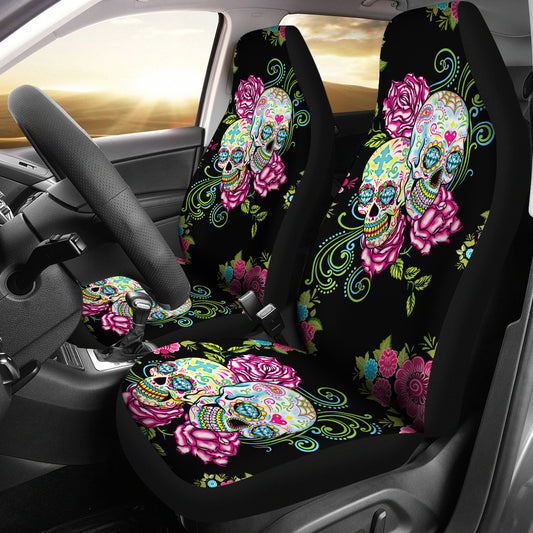 Set 2 pcs Floral sugar skull car seat covers