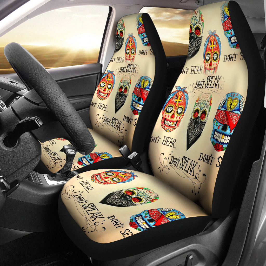 Set of 2 - No hear no see no speak sugar skull car seat cover