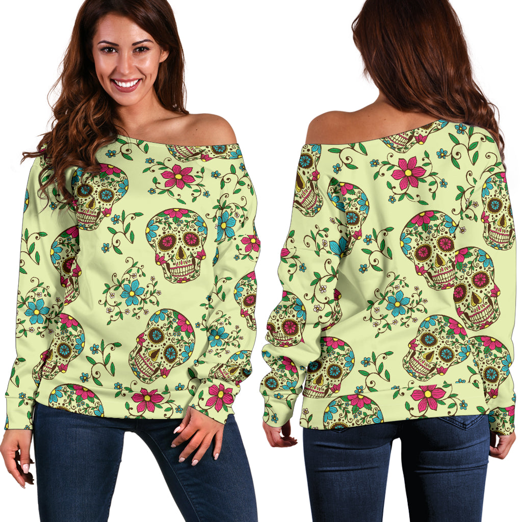 Green Sugar Skull Off Shoulder Hoodie