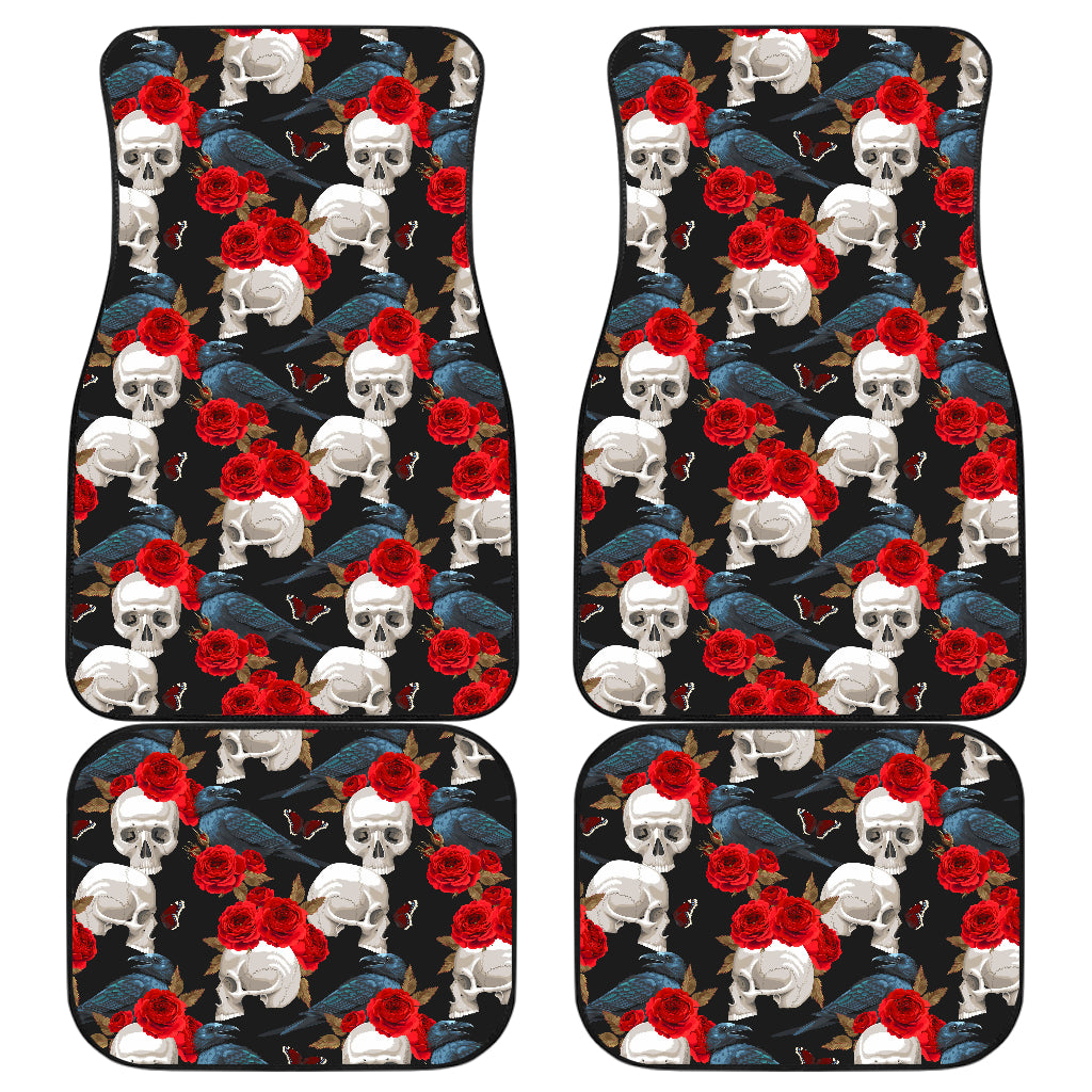 Set of 4 pcs floral rose skull car mats