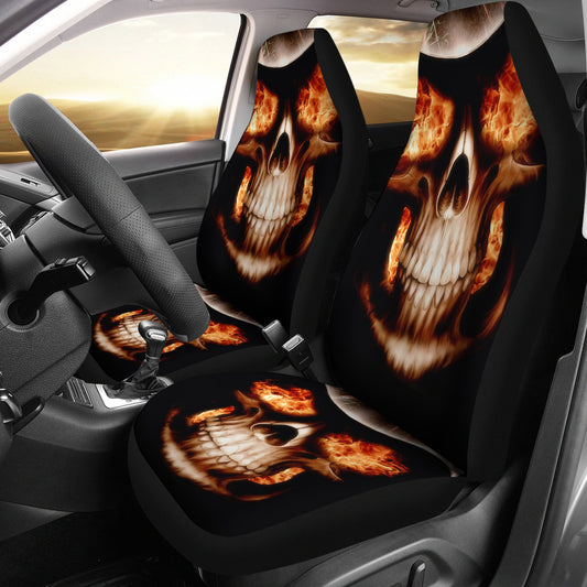 Set of 2 flaming fire skull car seat covers