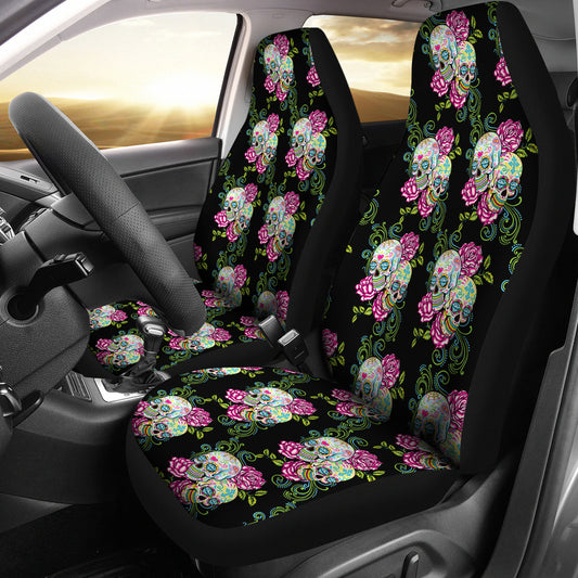 Set of 2 sugar skull floral car seat covers