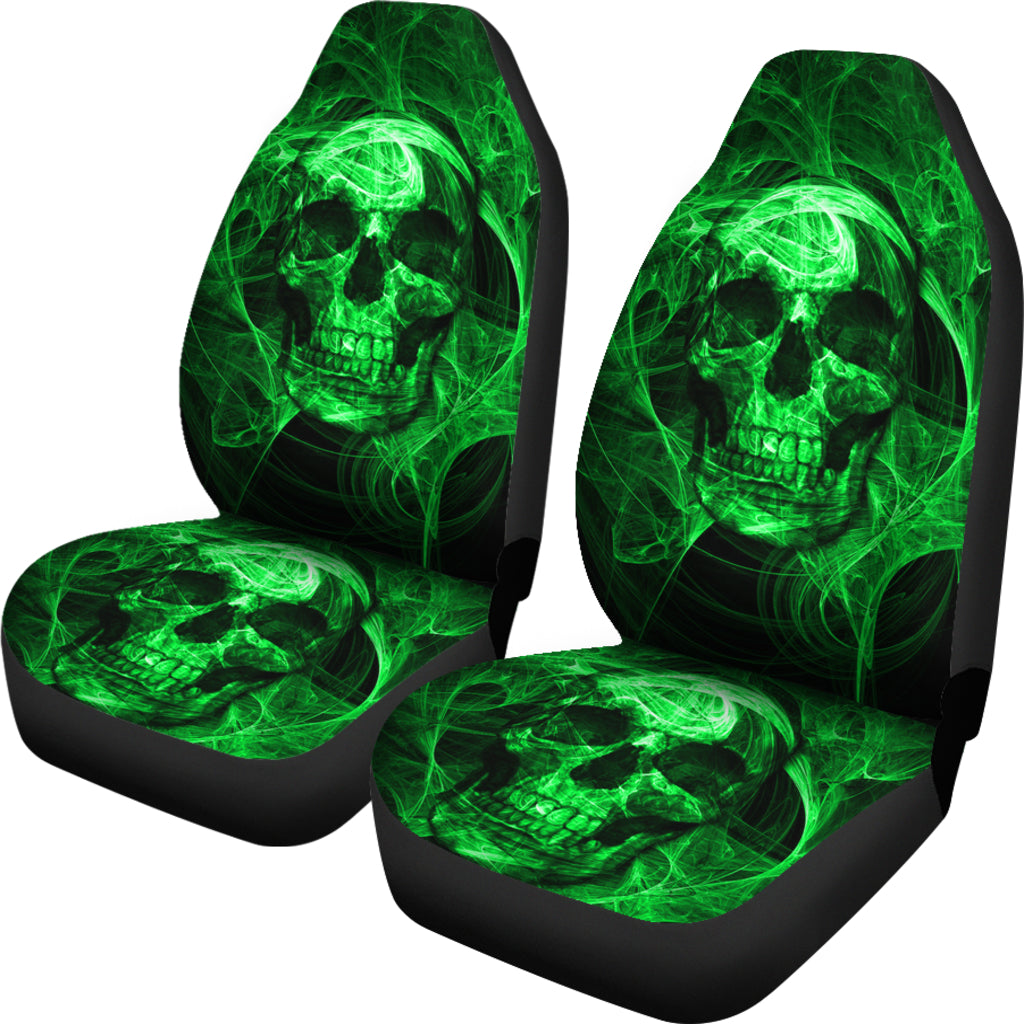 Set of 2 green flaming fire skull car seat covers