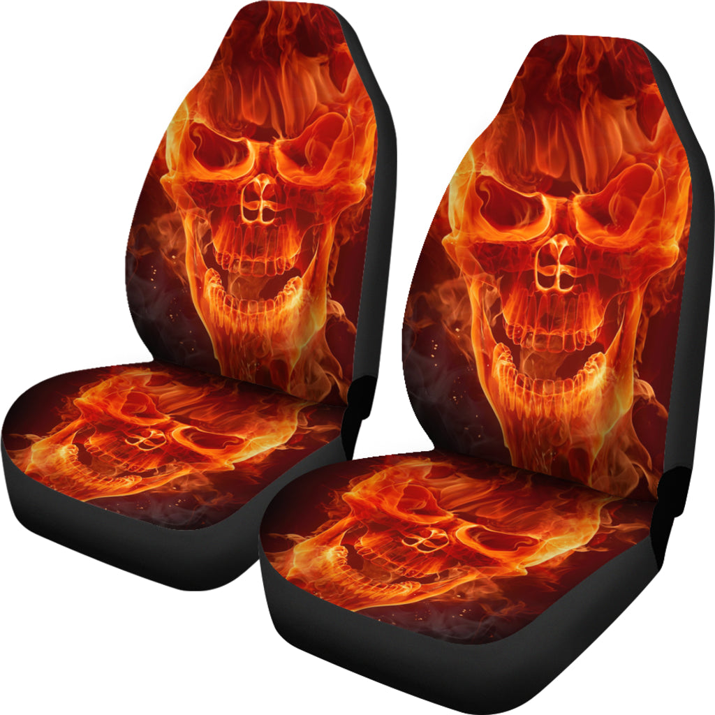 Set of 2 flaming skulls car seat covers