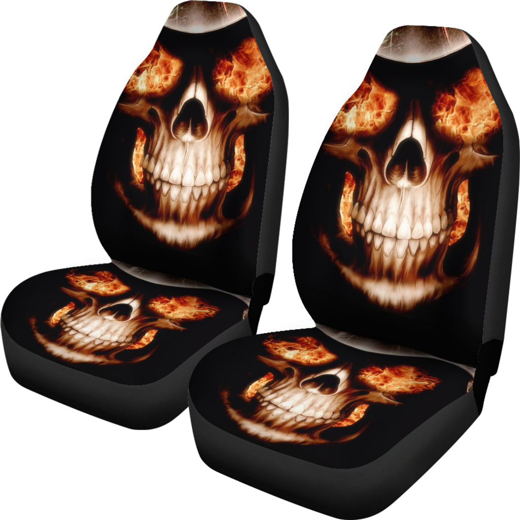 Set of 2 flaming fire skull car seat covers