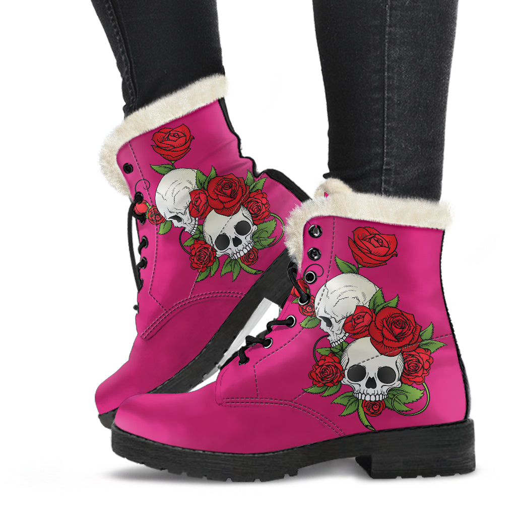 Skull Couple Roses (Eclipse) - Faux Fur Leather Boots