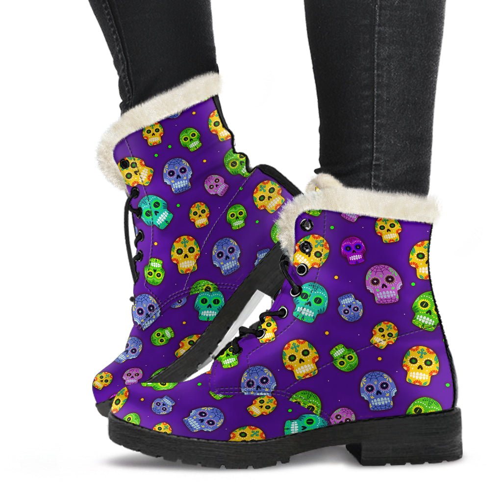 Muerto Sugar Skulls Faux Fur Lined Vegan Leather Boots