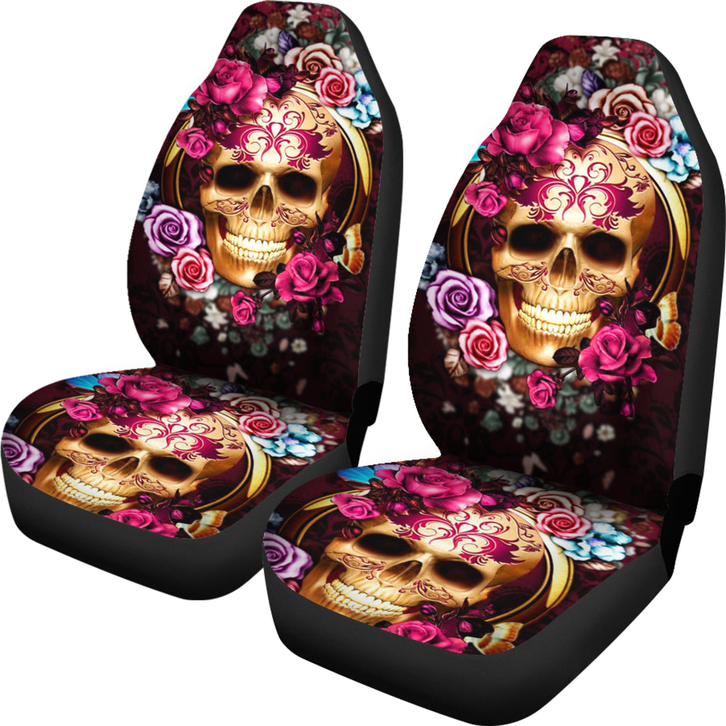 Set of 2 floral beautiful sugar skull car seat covers