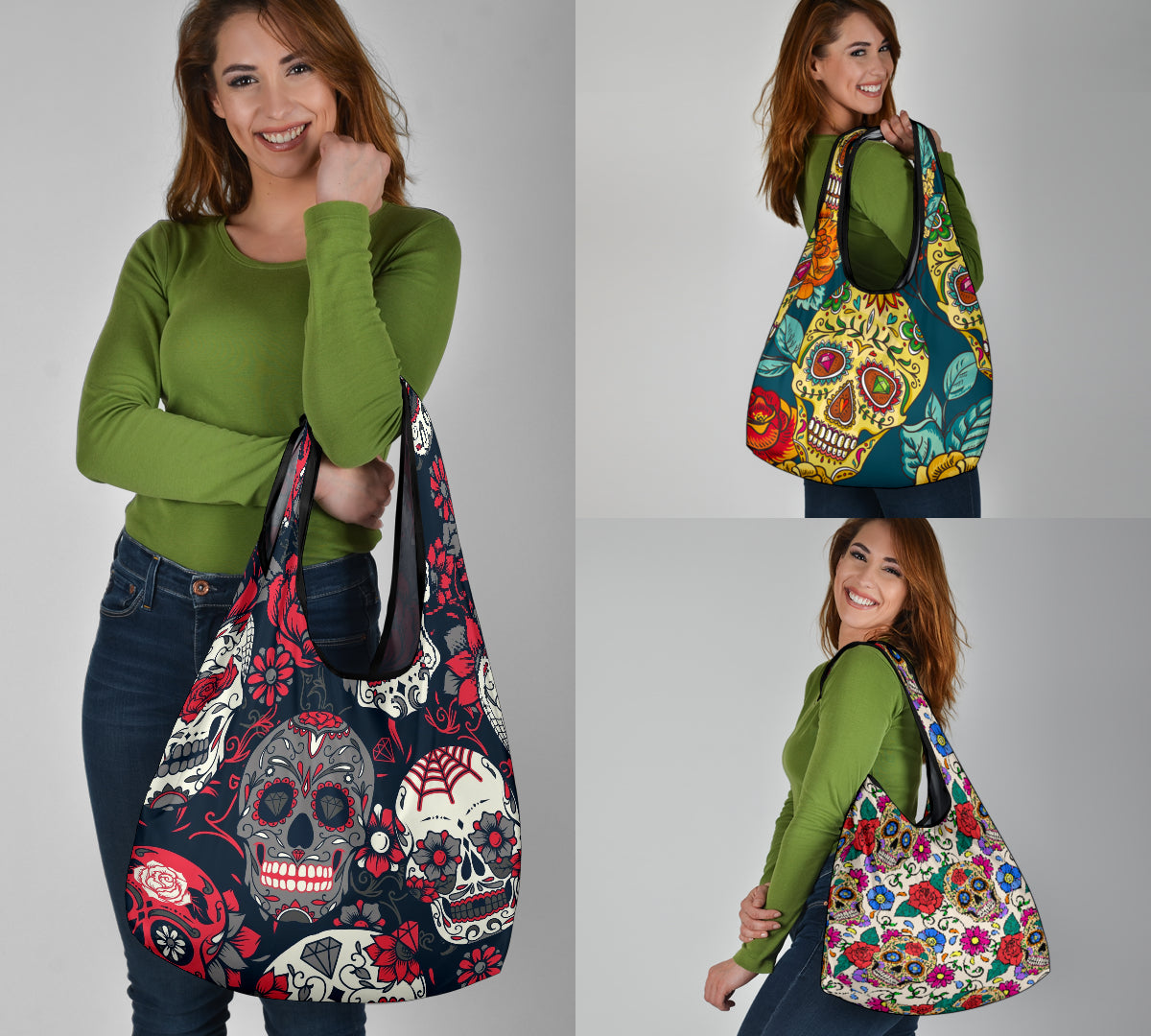 Set of 3pcs Sugar skull Day of the dead grocery bags
