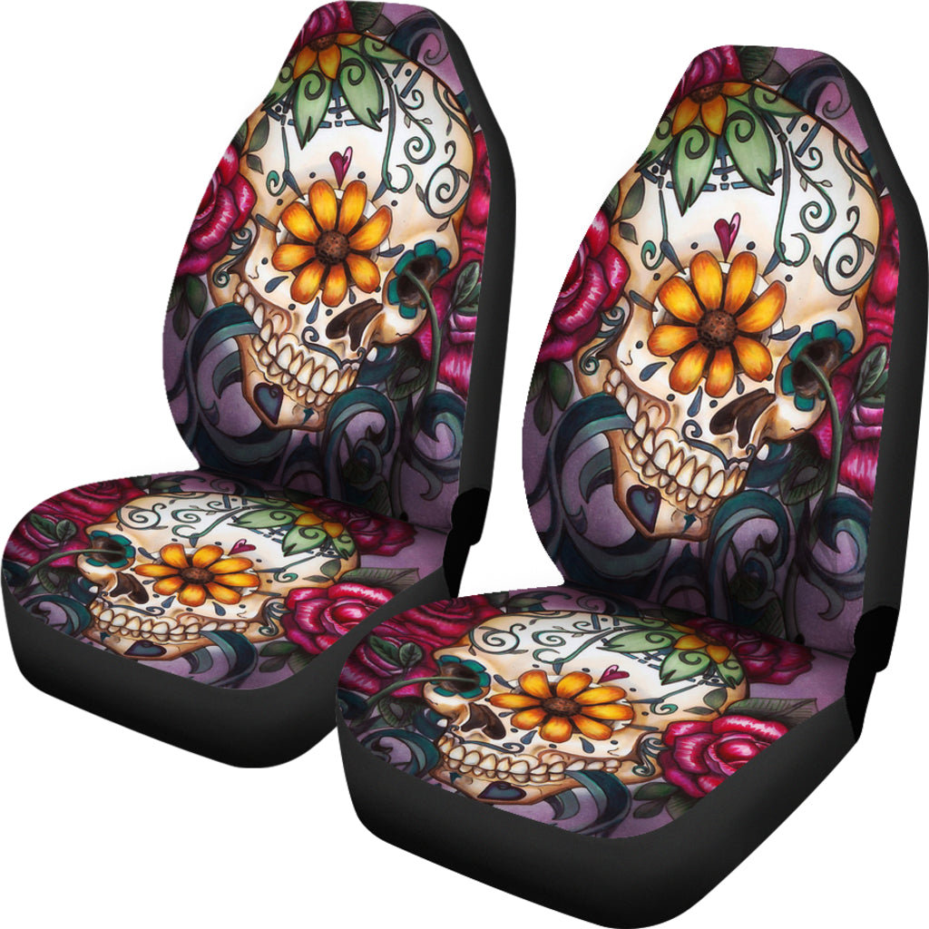 Set 2 seat cover floral rose sugar skulls