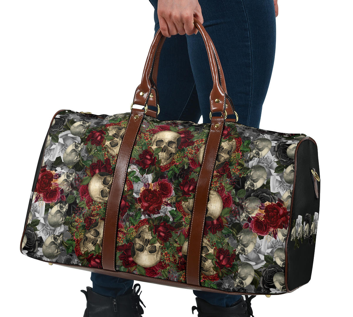 Skulls and Roses on Silver Travel Bag