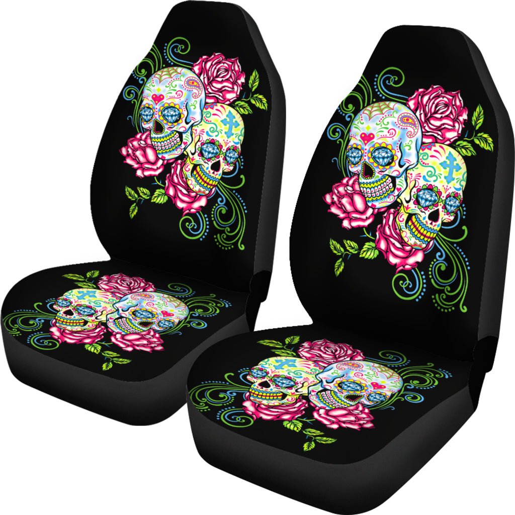 Set of 2 floral sugar skull car seat covers