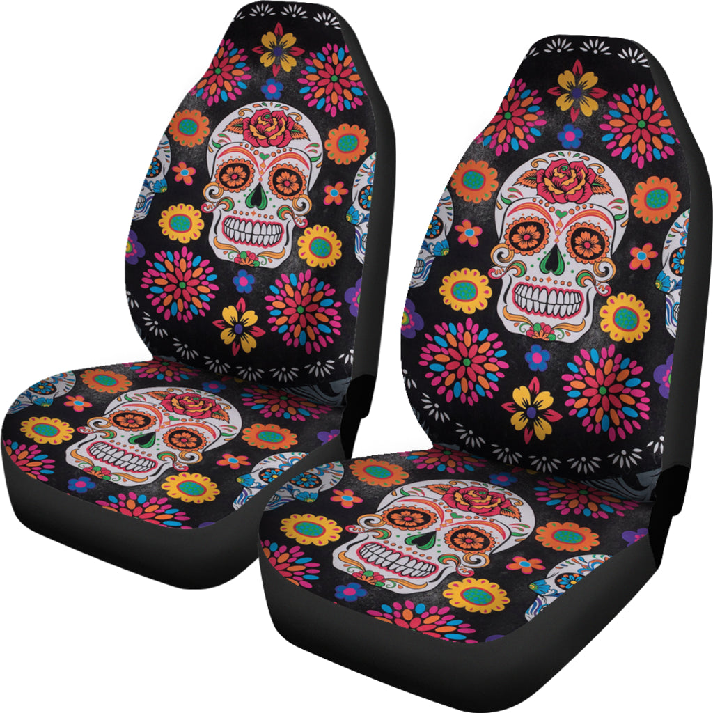 Set 2 pcs Floral sugar skull day of the dead skull car seat covers