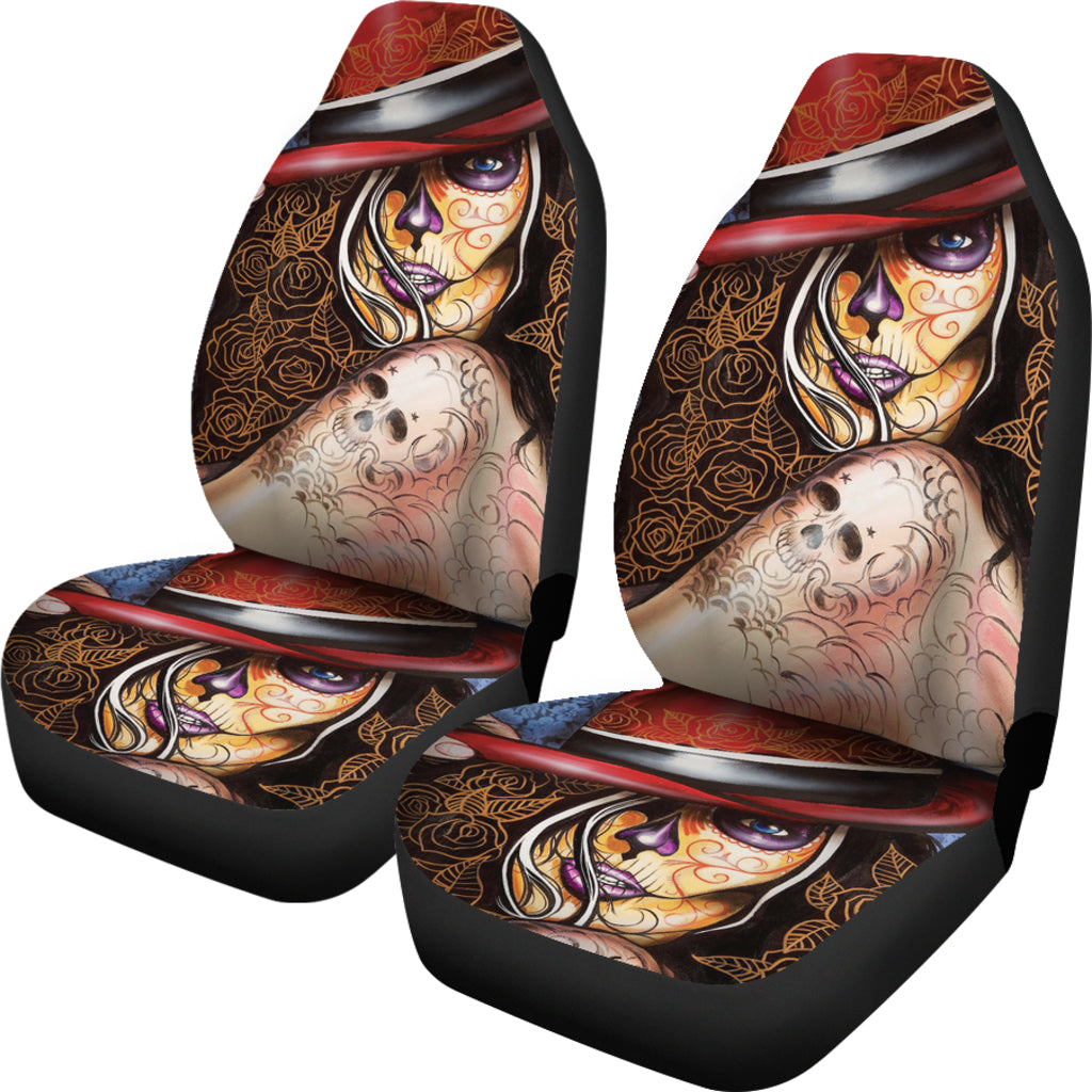 Set of 2 Beautiful sugar skull seat covers - Day of the dead