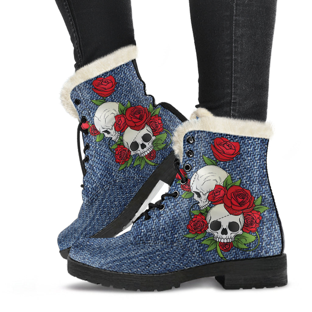 Skull Couple Roses (Dark Denim) - Faux Fur Leather Boots