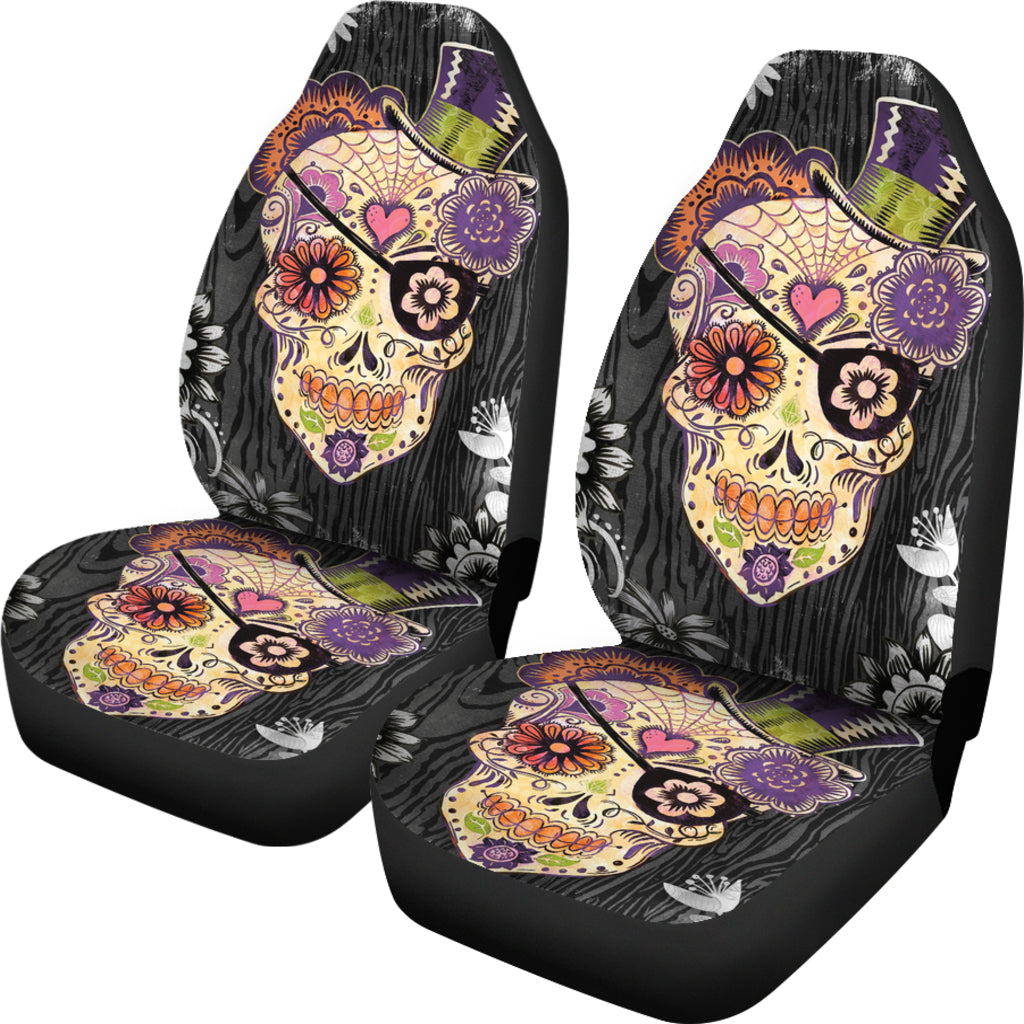 Set of 2 pcs sugar skull car seat covers