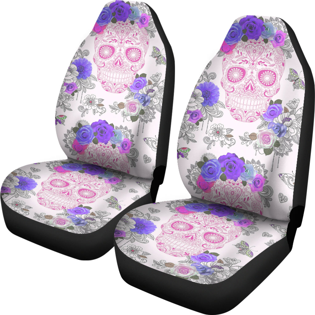 Set 2 pcs Floral sugar skull day of the dead skull car seat covers
