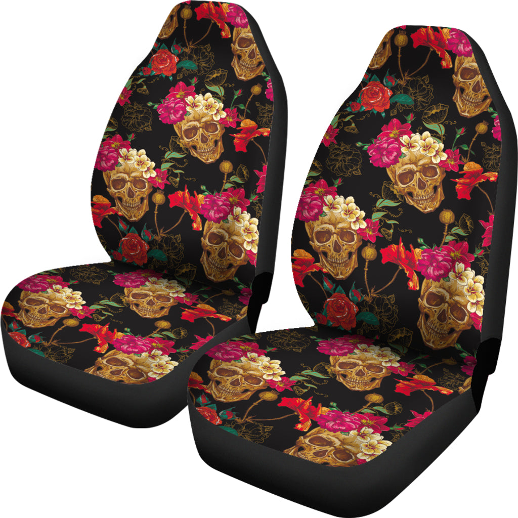 Set 2 pcs Floral sugar skull day of the dead skull car seat covers