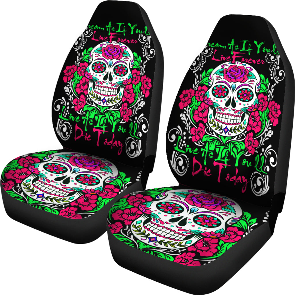 Set of 2 Pcs - sugar skull - day of the dead car seat cover