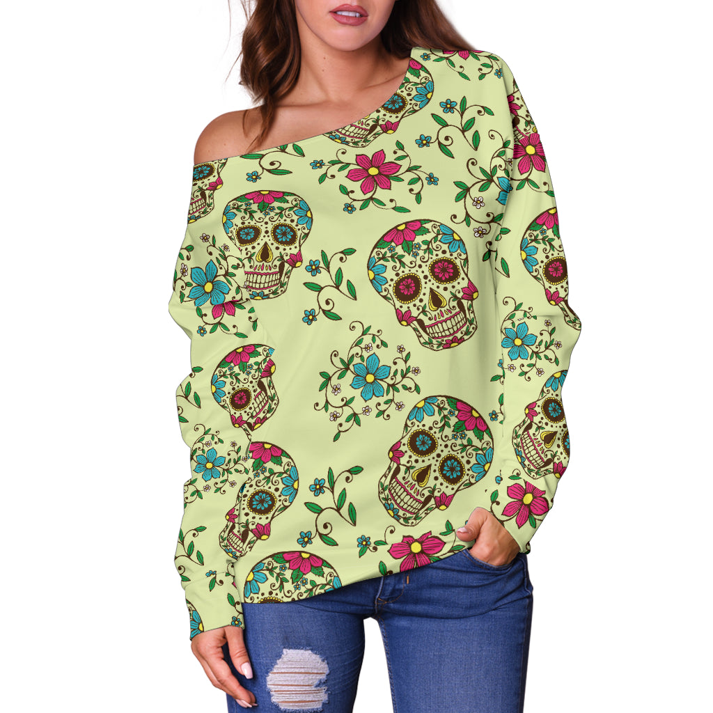 Green Sugar Skull Off Shoulder Hoodie