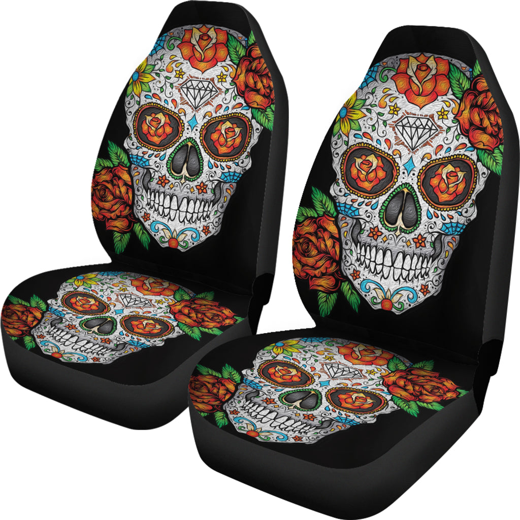 Set of 2 floral sugar skull car seat covers