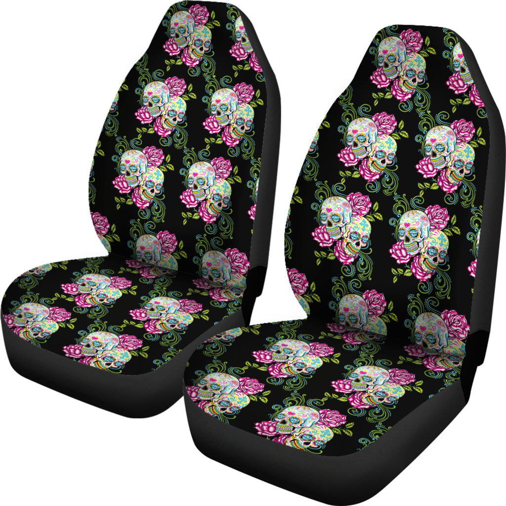 Set of 2 pcs sugar skull floral car seat cover