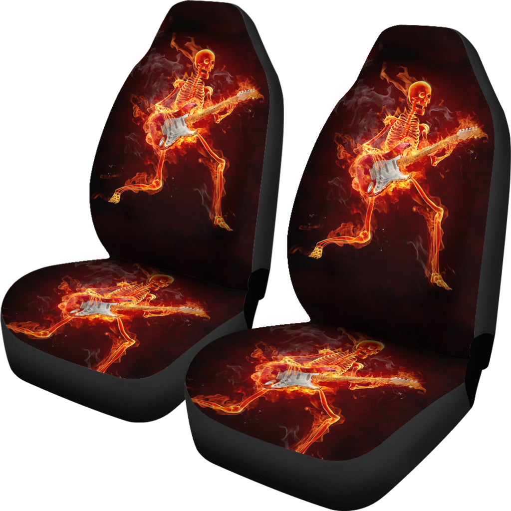 Set of 2 flaming fire skull car seat covers