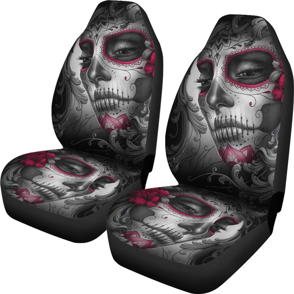 Set of 2 pcs skull beautiful sugar skull girl car seat covers