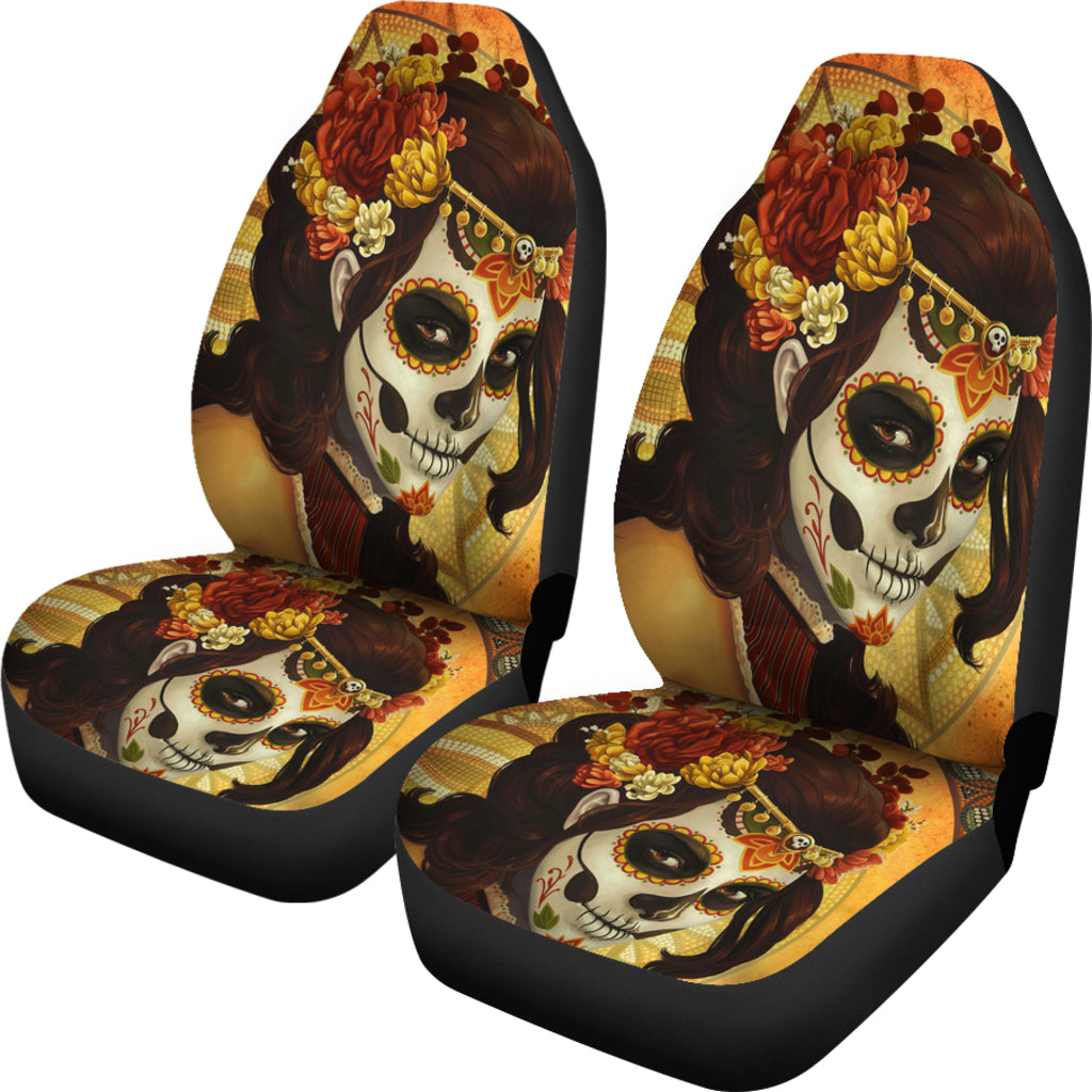 Set 2 pcs sugar skull day of the dead car seat covers