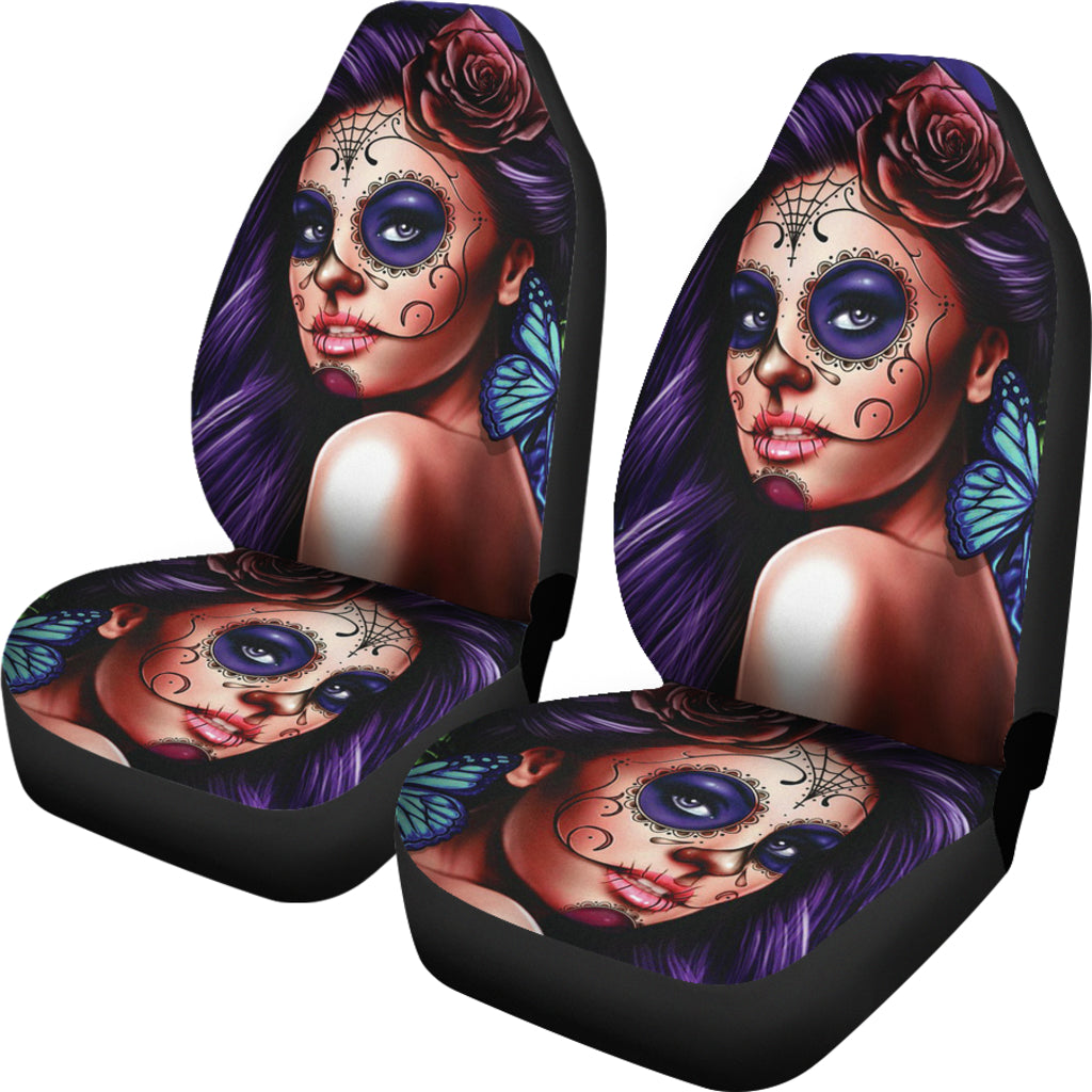 Set of 2 pcs skull beautiful girl car seat covers