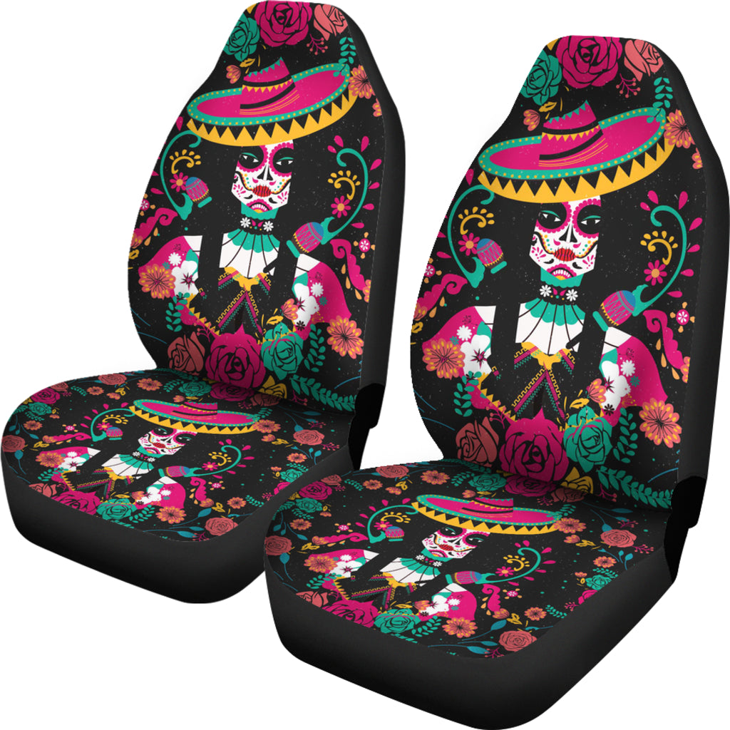 Set of 2 pcs sugar skull car seat covers