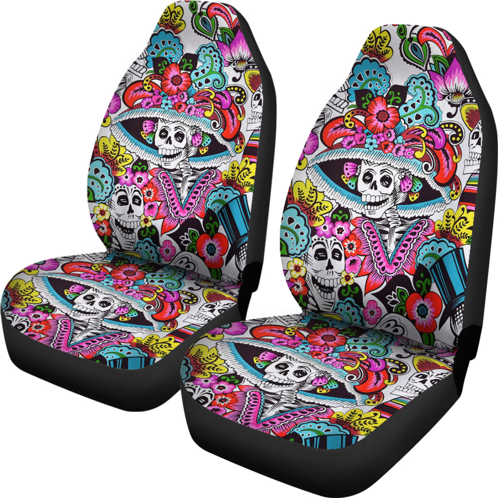 Set of 2 Day of the dead sugar skull car seat covers