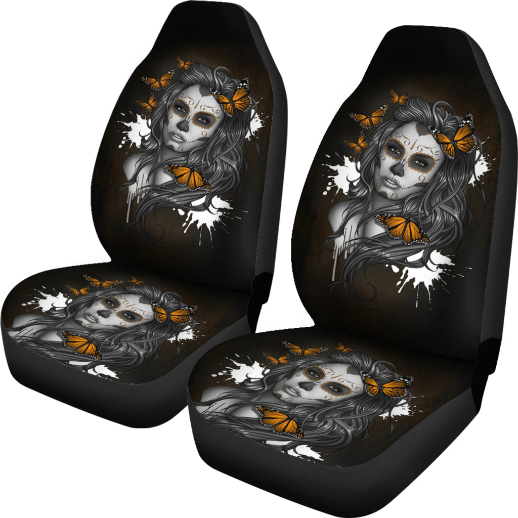 Set of 2 - Beauty girl sugar skull seat cover