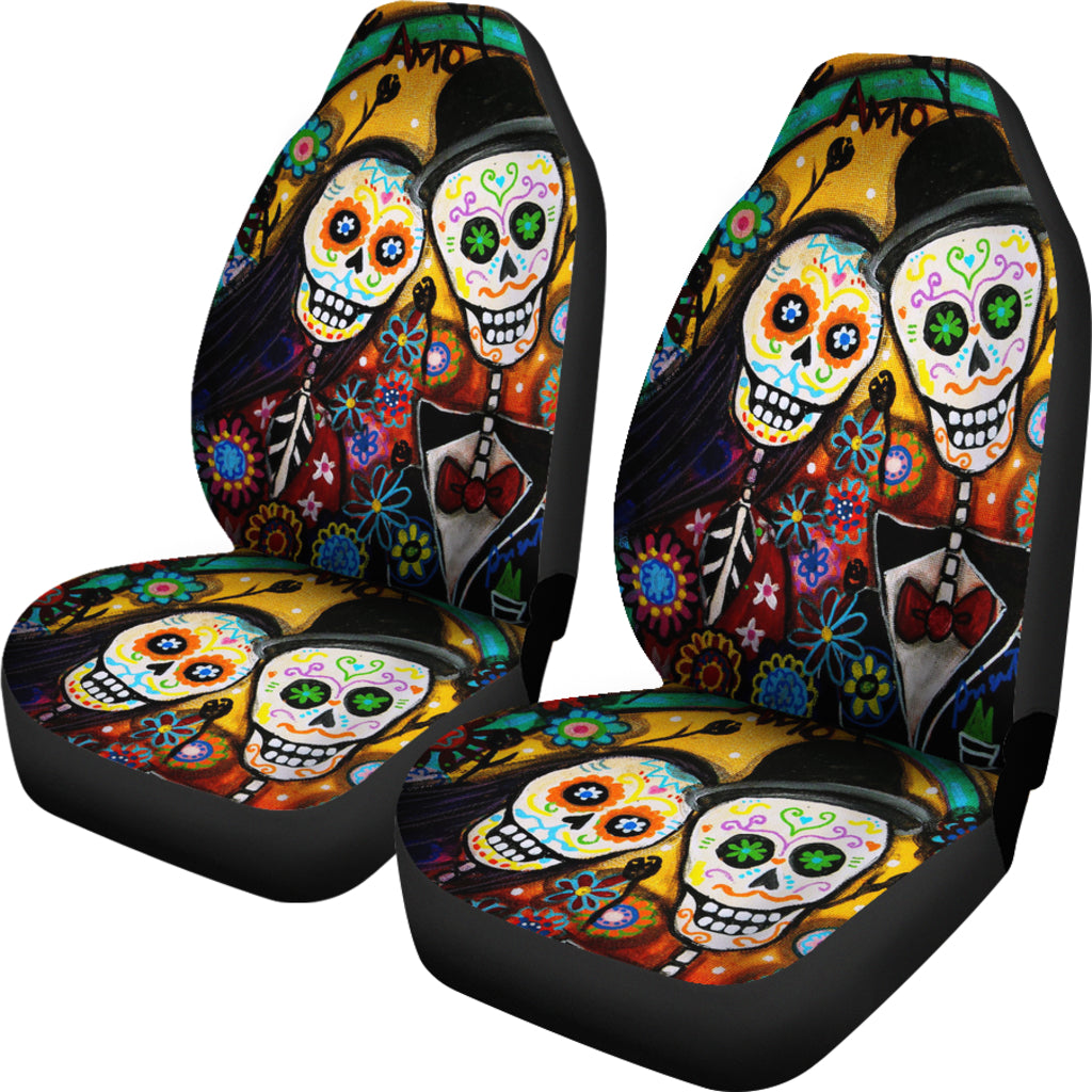 Set of 2 pcs Day of the dead sugar skull car seat cover