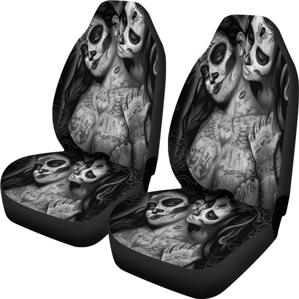 Set of 2 Day of the dead sugar skull car seat covers