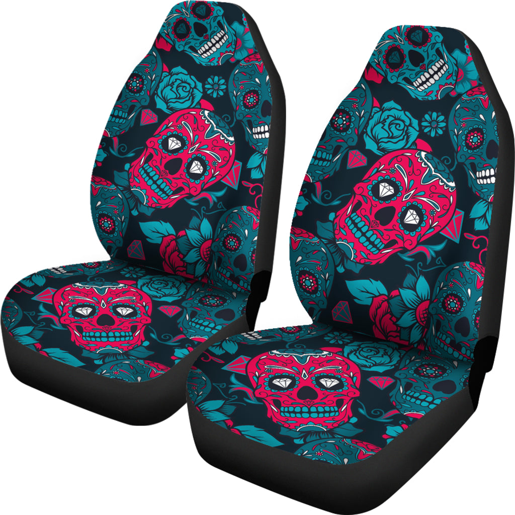 Set of 2 day of the dead sugar skull car seat covers