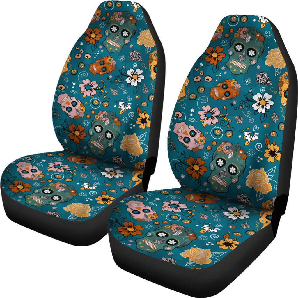 Set of 2 pcs sugar skull day of the dead car seat covers