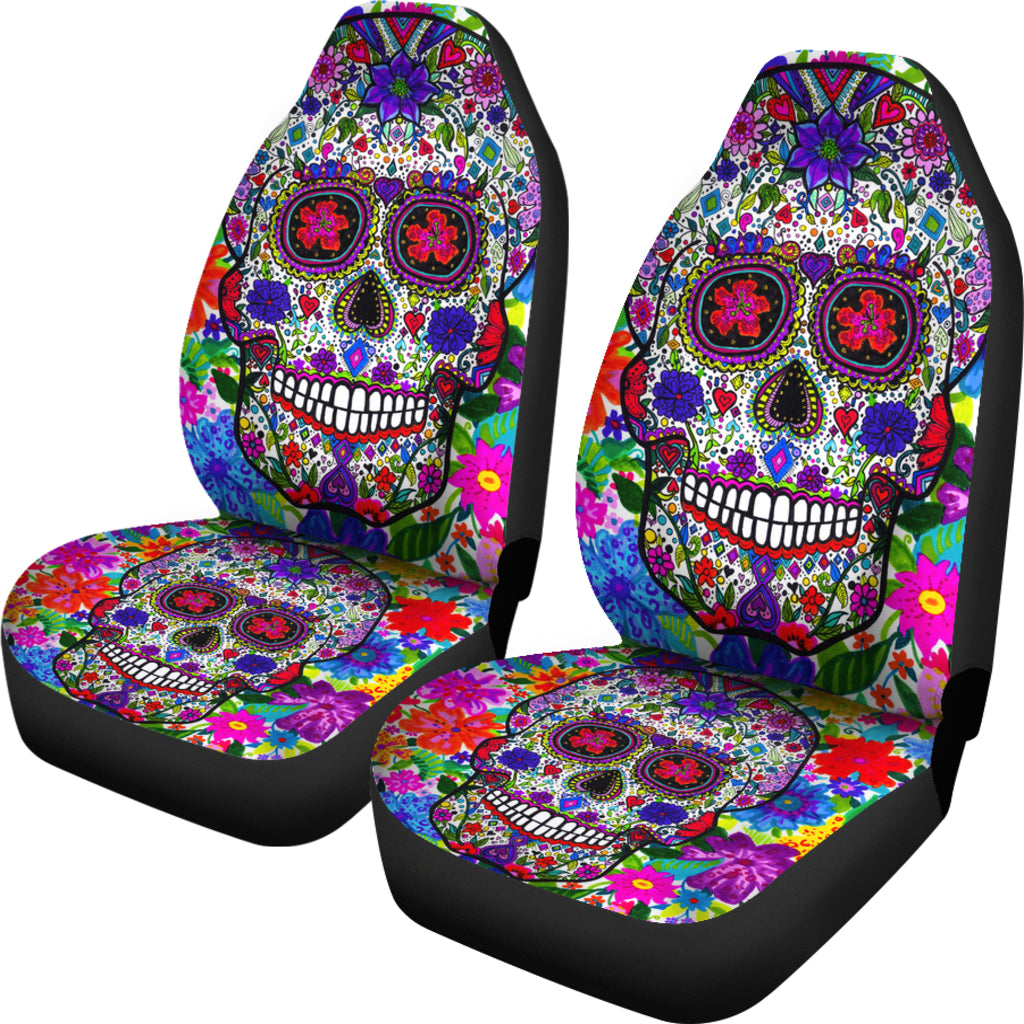 Set of 2 pcs colorful sugar skull car seat cover.