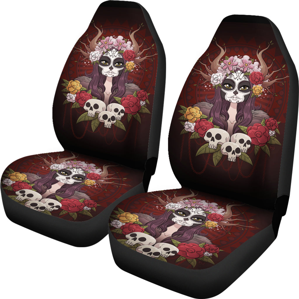 Set of 2 day of the dead sugar skull car seat covers