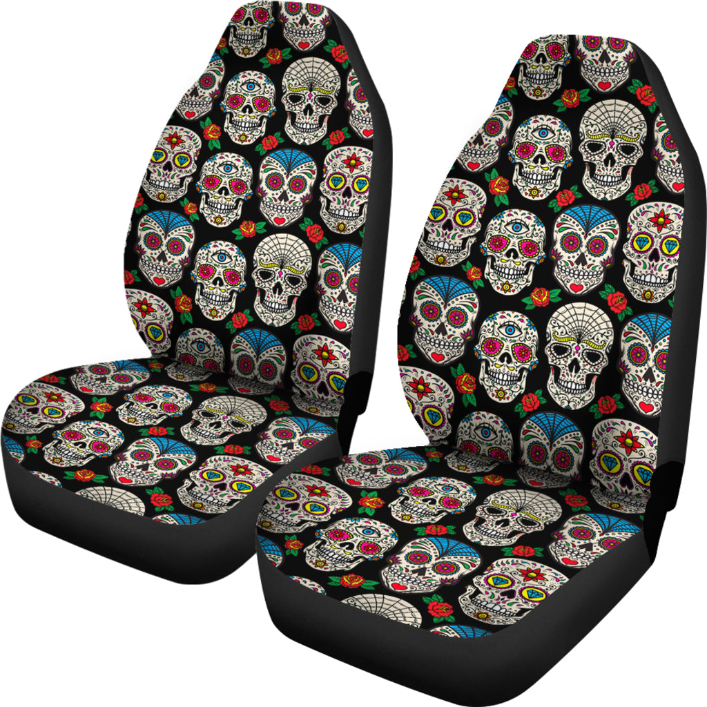 Set 2 pcs Floral sugar skull day of the dead skull car seat covers