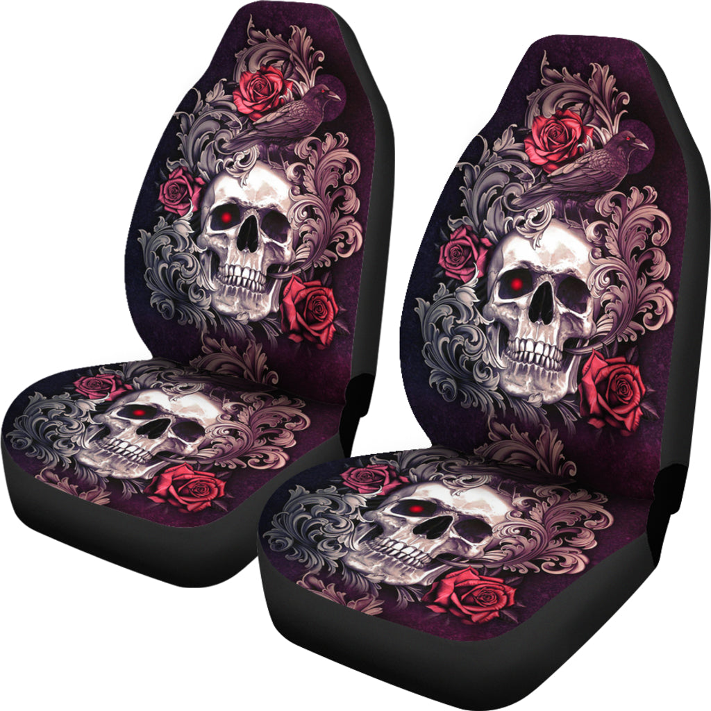 Set 2 pcs Gothic skull floral rose car seat covers