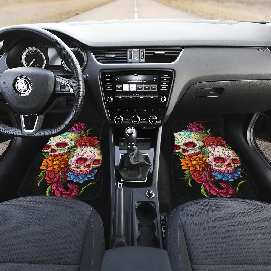 Set of 4 pcs sugar skull rose floral car mats