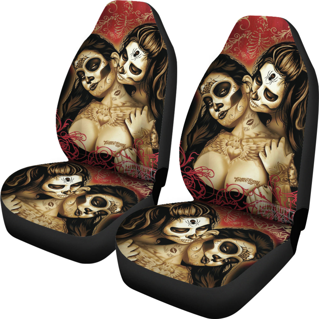 Set of 2 sugar skull day of the dead car seat covers