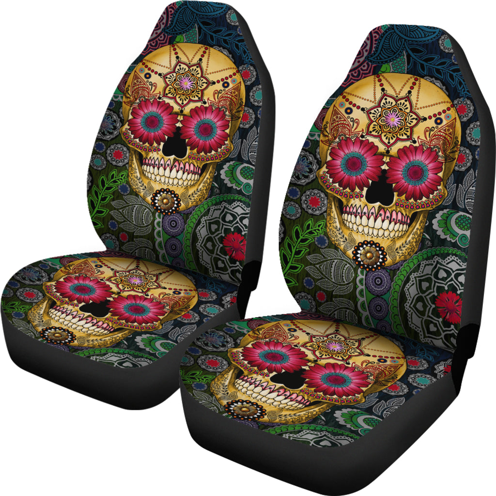 Set of 2 pcs sugar skull car seat covers