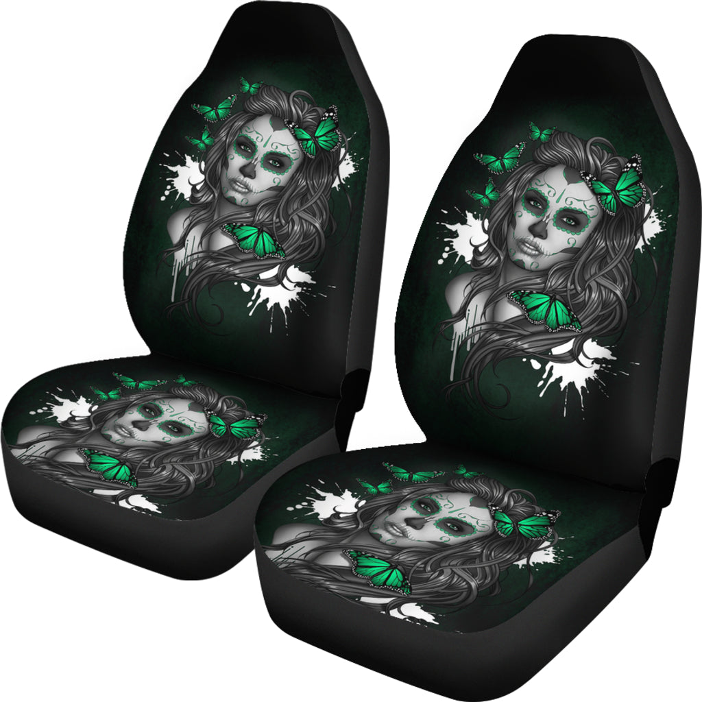 Set of 2 floral girl sugar skull car seat covers