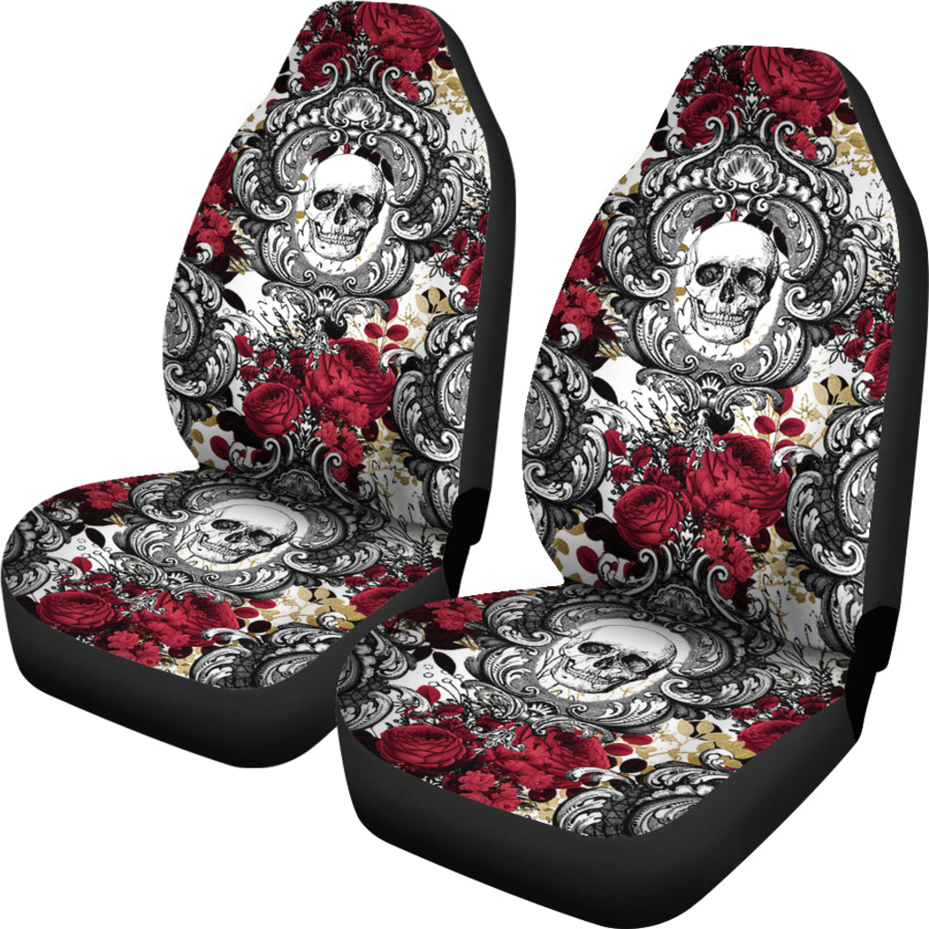 Set of 2 Gothic Skull and Red Roses Universal Bucket Seat Covers