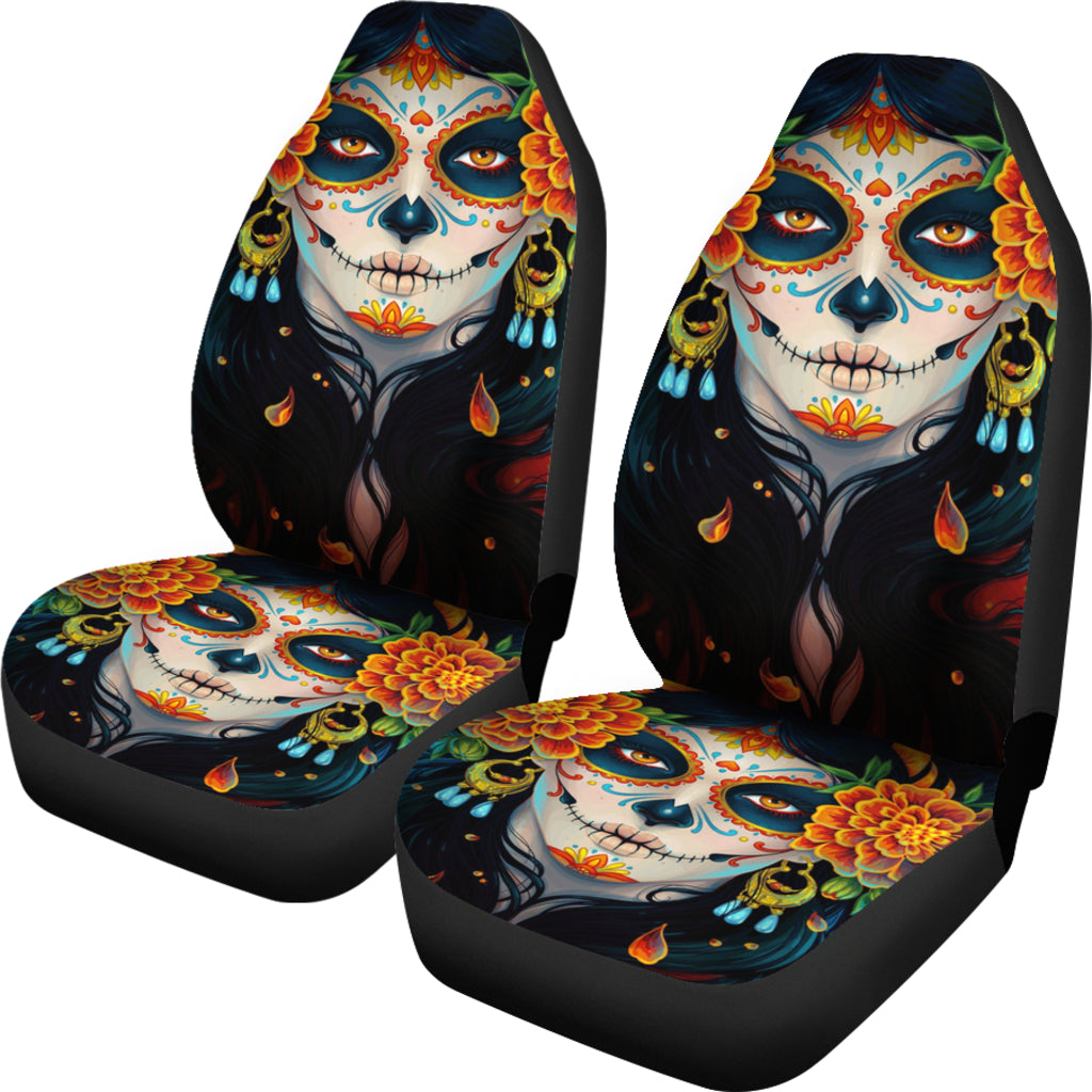 Set of 2 sugar skull car seat covers