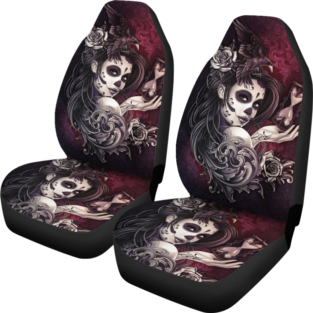 Set of 2 pcs Sugar skull girl seat covers